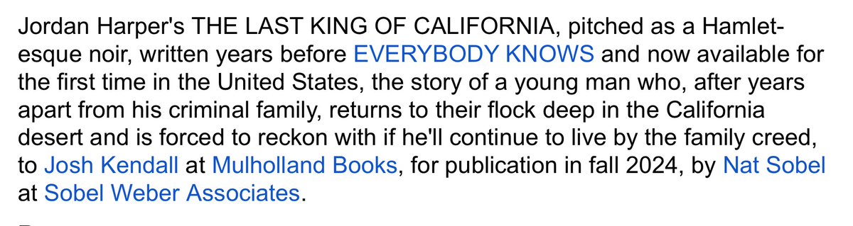 My novel THE LAST KING OF CALIFORNIA, a dark and dare I say literary pulp novel set in the aftermath of the Edgar-Award winning SHE RIDES SHOTGUN, will come out in the US this fall. I think it's my best prose to date and I'm awful proud of it.