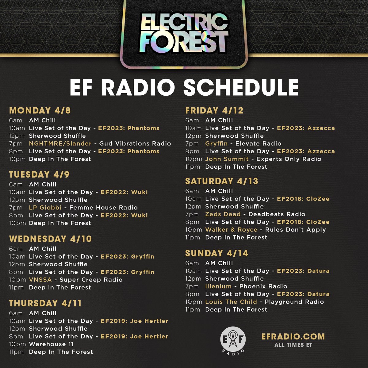 This week on EF Radio! 📻🌲 Tune in for #EF2023 performances from @phantoms, @gryffinofficial and others, as well as daily broadcasts of the AM Chill and Sherwood Shuffle, and so much more. Hear it 24/7/365 at EFRadio.com, in the Mobile App, or on Discord!