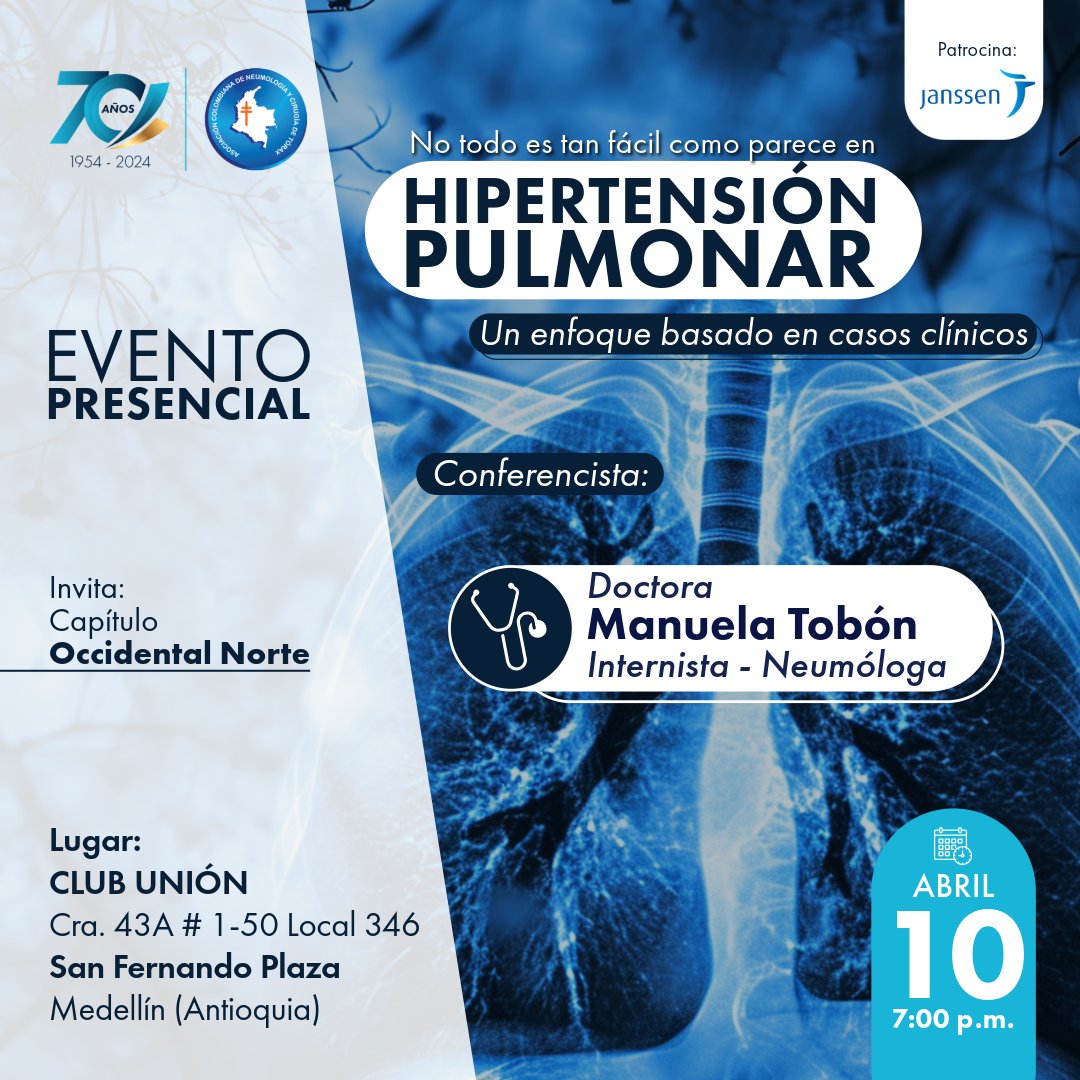 Evento #Presencial en #Medellín El capítulo Occ. Norte invita a la reunión científica: 'No todo es tan fácil como parece en hipertensión pulmonar', dirigida a profesionales de la salud. 🗓️ 10 de abril - 7 p.m. ✍️ CUPOS LIMITADOS - Confirma tu asistencia: forms.gle/Ni6NjoUnyjkbEj…