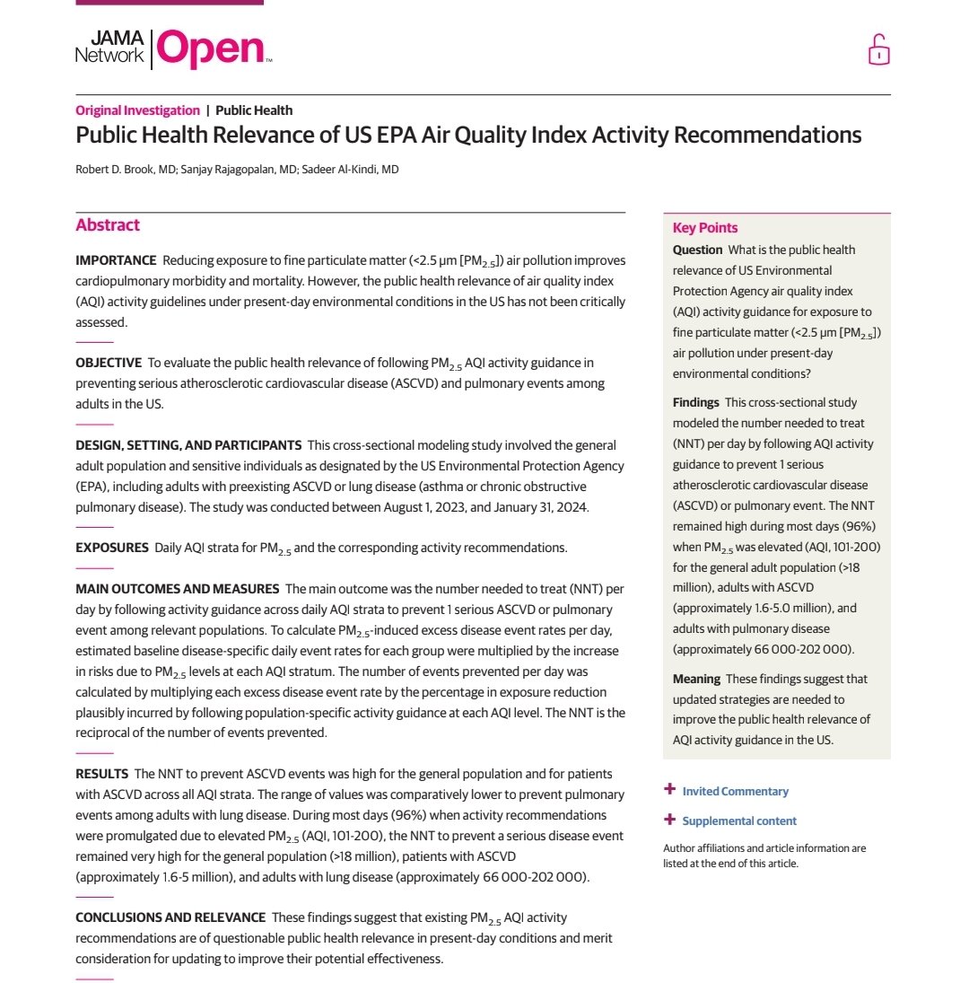 Our paper on the relevance of the #EPA #AirQualityIndex (AQI) activity recommendations is online @JAMANetworkOpen . We show that for most low to moderate risk categories, AQI activity recs are questionable requiring further study. With Brook & Rajagopalan shorturl.at/CLX04