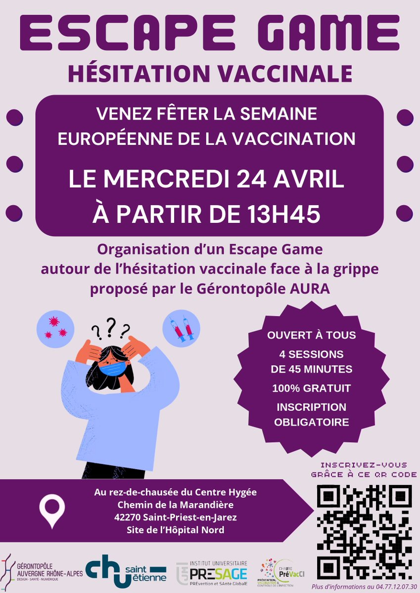 [Évènement] À l'occasion de la Semaine européenne de la vaccination, le Gérontopôle AURA organise un Escape Game sur l'hésitation vaccinale le mercredi 24 avril. Cet événement gratuit est ouvert à tous. ➕ d'infos et inscriptions : doodle.com/meeting/partic…