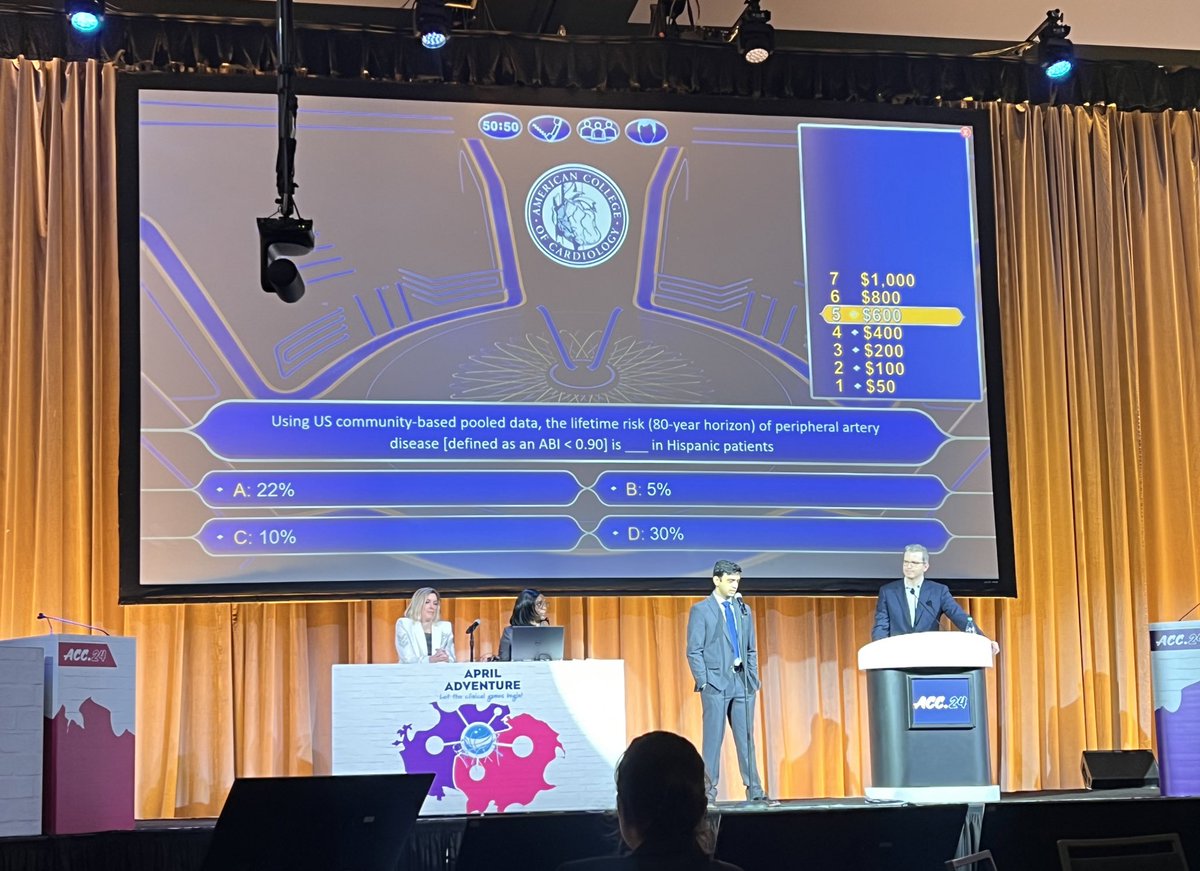Congrats Dr. Gautam Rangavajla from @HFHCardioFellow @MichiganACC for a strong showing at #ACC24 #WhoWantsToBeAMillionaire #PADdisparities @ACCinTouch