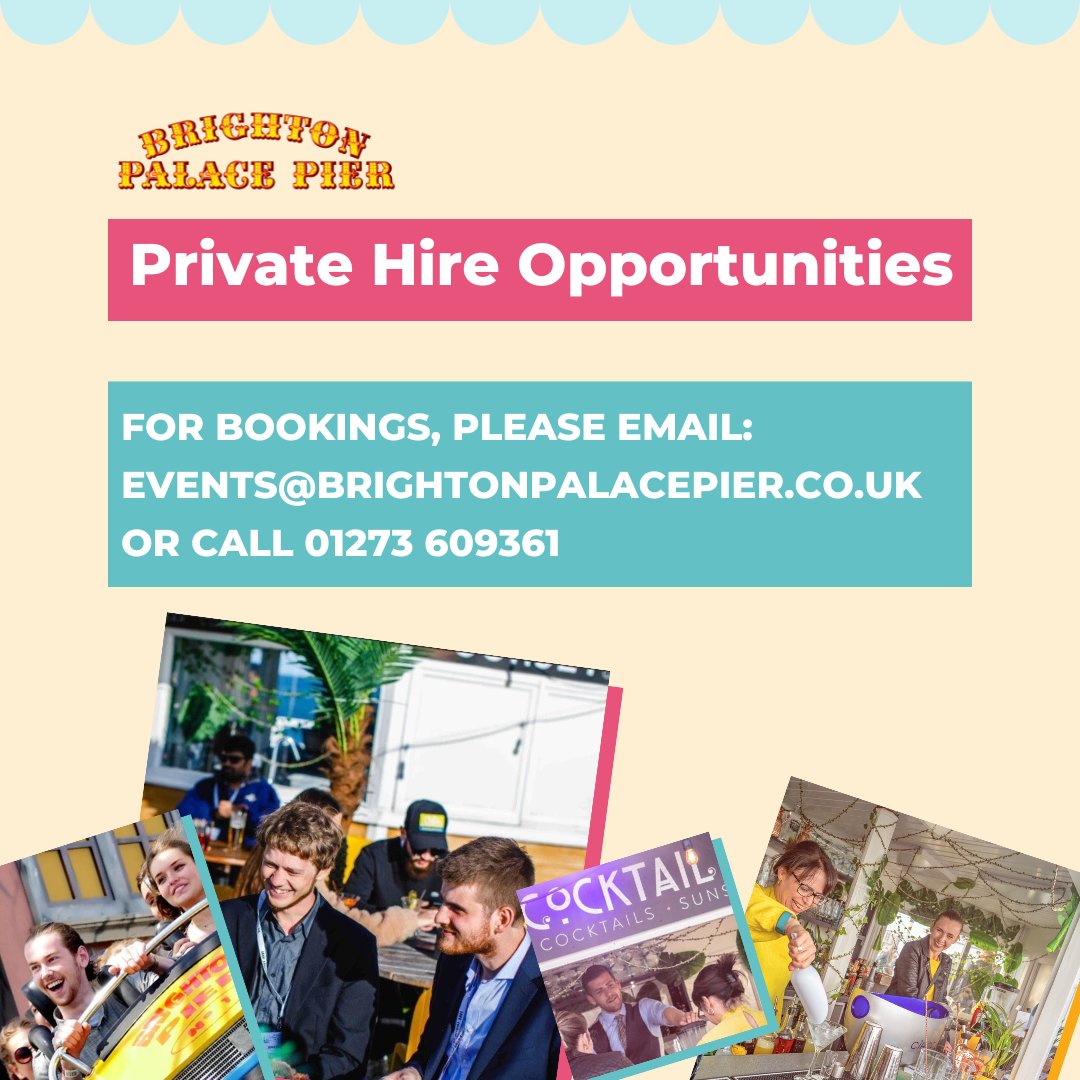 Have you heard about the fantastic private hire options at Brighton Palace Pier? Whether it's networking events, corporate away days, product launches, or any other party, we've got you covered for your private event. Learn more here: bit.ly/43HSuiK.