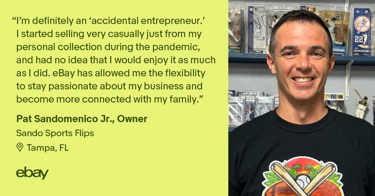 #Smallbiz owner Pat Sandomenico Jr. started selling collectibles & toys on eBay full-time in 2021. He loves being able to focus on his family with the flexibility of e-commerce and was a recipient of a 2023 eBay Up & Running Grant Award. Check out ebay.to/3UZI0ZX