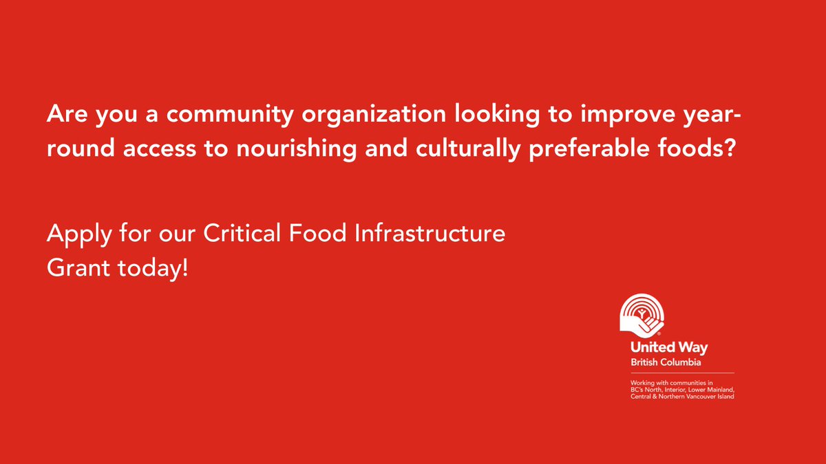 Are you a community organization looking to improve year-round access to nourishing and culturally preferable foods? @UnitedWay_BC's Critical Food Infrastructure Grant can help. Apply now: bit.ly/3iZkHic #FoodHubs #FoodSecurity #UnitedWayBC #ProvinceofBC #CFIG