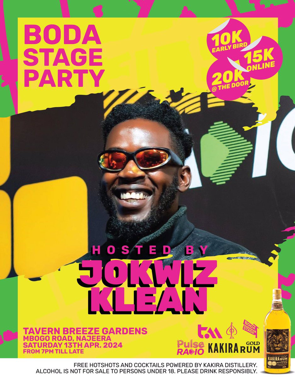 Are you ready for the #BodaStageParty? 🔥

Hosted by the only one  @jokwizklean at Tavern Breeze Gardens Najjera. 

The entrance fee is 10k(early bird), 15k(online) & 20k at the Gate. A huge lineup awaits you… 

#PulseRadioUG