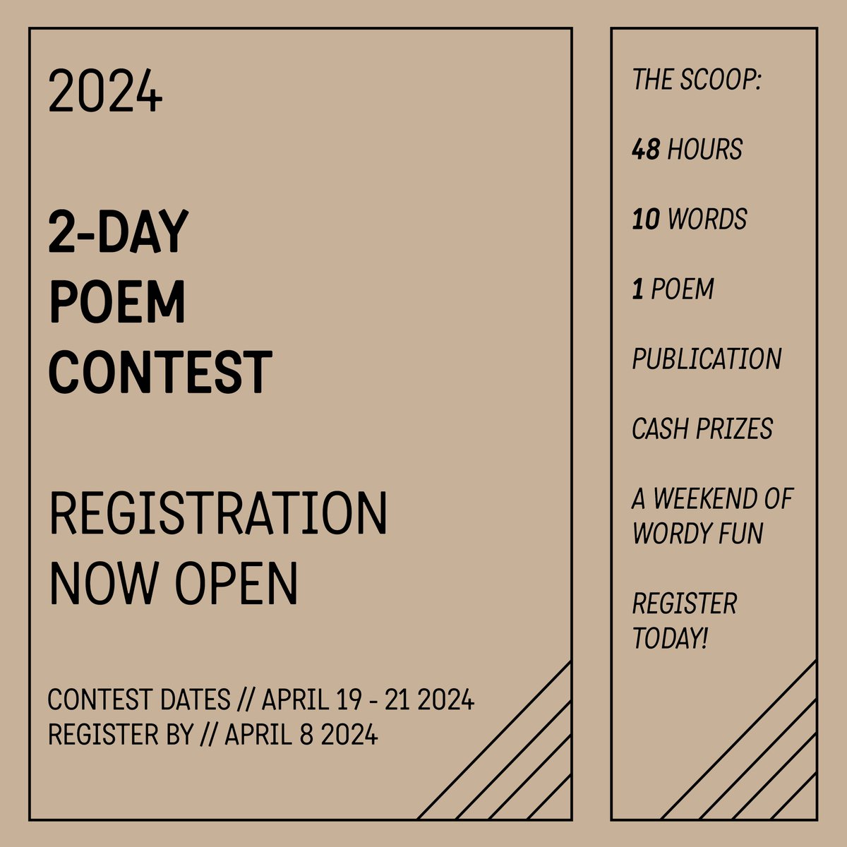 Registration for the 2024 CV2 2-Day Poem Contest is closing TODAY! Follow the link in our bio to sign up for the contest and start preparing for 48 hours of fun! This batch of words is promising to be the wildest yet! 2 Days. 10 words. 1 poem. Get on it!