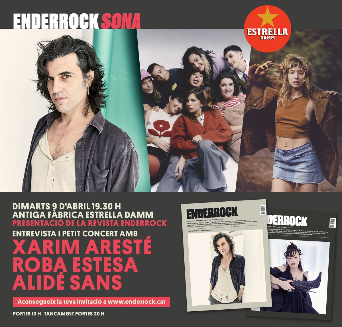 enderrock's tweet photo. Vine demà a l'#EnderrockSona d'abril, a l'Antiga Fàbrica @EstrellaDammCat!✨
Hi presentarem el nou número d'Enderrock i escoltarem en directe @xarimareste, @robaestesa i #AlideSans!

Aconsegueix la teva invitació!👇
https://t.co/UD31oPfc5x https://t.co/cn0Eesfse6