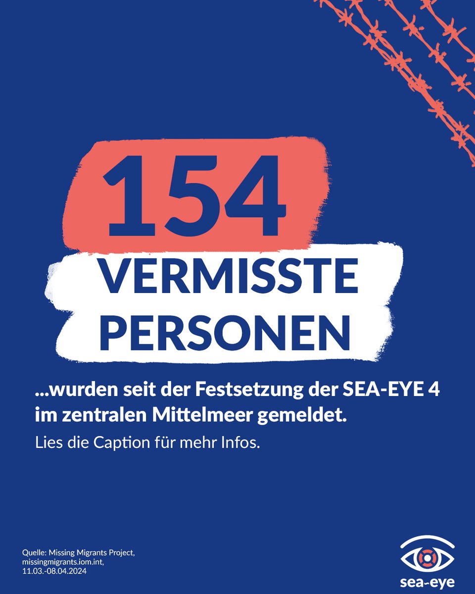 ‼️ Die SEA-EYE 4 ist seit dem 11.03.2024 unrechtmäßig in Italien festgesetzt. 154 Menschen sind alleine in diesen vier Wochen im zentralen Mittelmeer verstorben oder werden vermisst. Menschen mit individuellen Geschichten, Ängsten und Träumen, die hätten gerettet werden können.