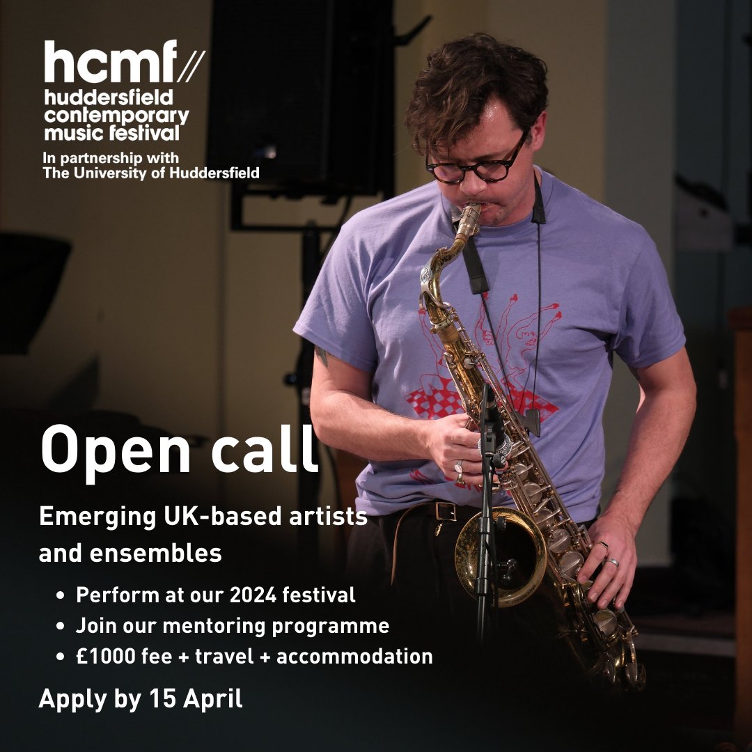 📢 Our annual open call for emerging UK-based artists and ensembles to perform at hcmf// continues for one more week. Perform at our 2024 festival this November, join our mentoring programme and receive a £1000 fee. Apply by Monday 15 April, 10am BST: hcmf.co.uk/open-call-hcmf…