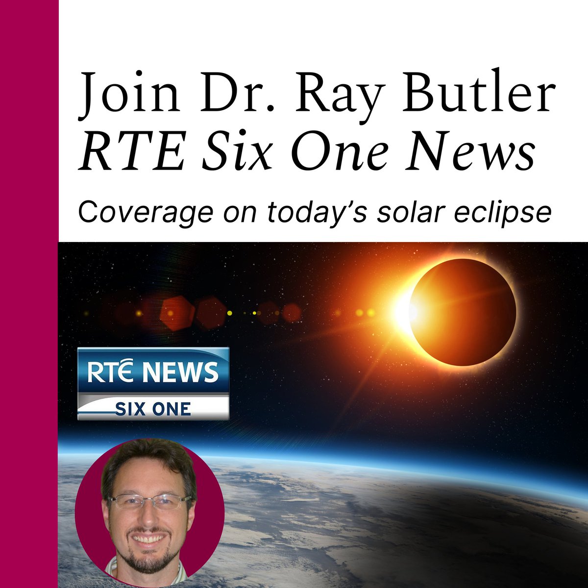Don't miss out on the celestial spectacle of the decade! 🌑✨ Tune in to @rtenews for exclusive coverage featuring Dr. Ray Butler from our @SNSUniofGalway, a renowned expert in #Physics & #Astronomy, as he elaborates upon the remarkable phenomena poised to manifest in the sky…