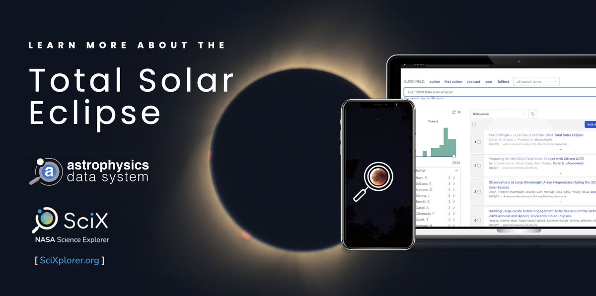 Excited about the upcoming #TotalSolarEclipse2024? 🌞🌑 Dive deeper into this awe-inspiring celestial event through our extensive digital library at SciXplorer.org! Discover everything @ADSABS and @SciXCommunity have to offer about this and other historic eclipse events.