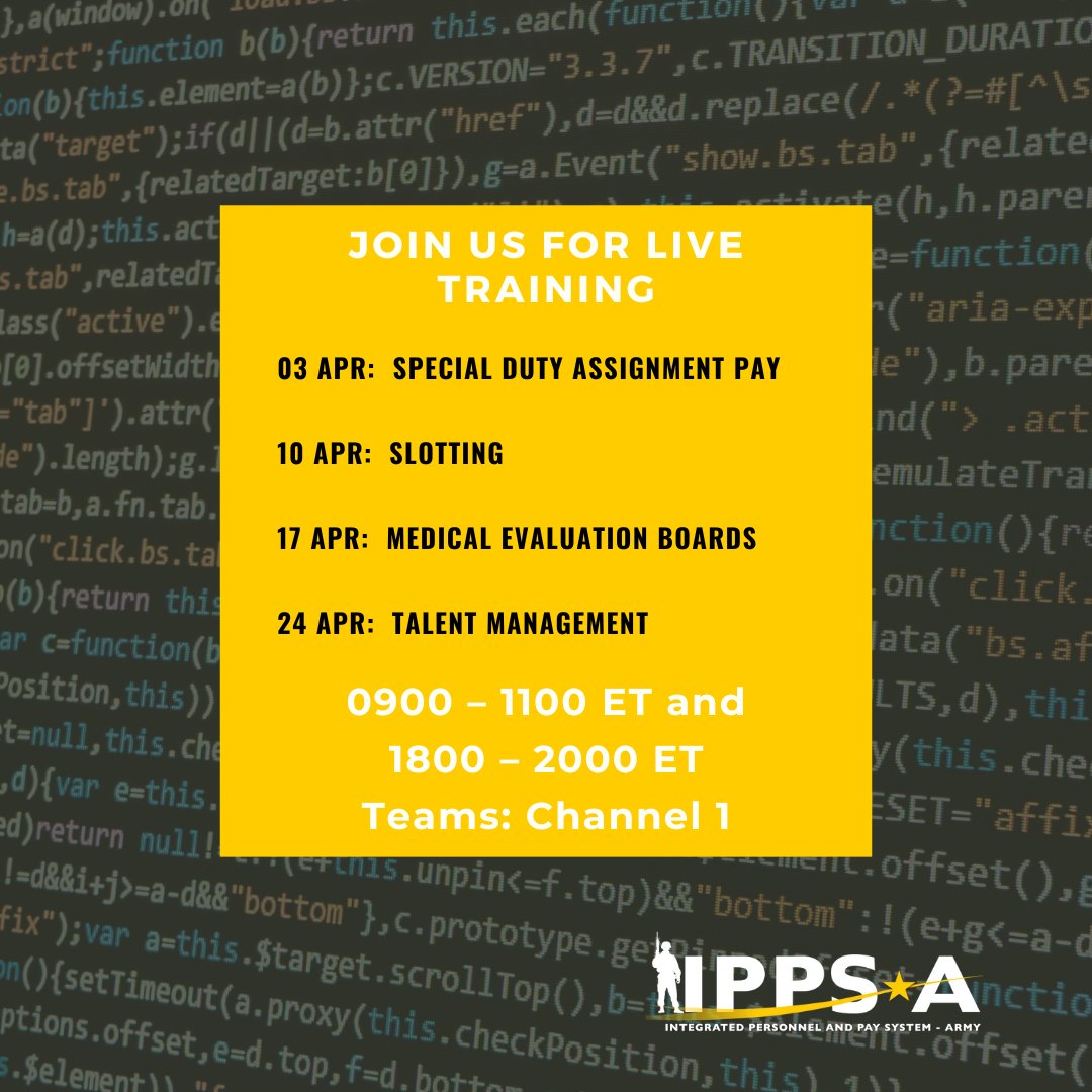 This month’s topics include Special Duty Assignment Pay, Slotting, Medical Evaluation Boards (MEB), and Talent Management, on Wednesdays, from 0900 – 1100 ET or 1800 – 2000 ET. Recordings: Channel 1, files tab, and opening the recordings folder. Join: dod.teams.microsoft.us/l/channel/19%3…