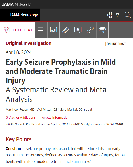 In this meta-analysis, seizure prophylaxis was effective for mild and moderate TBI to reduce rates of early seizures. ja.ma/3VM1zFr