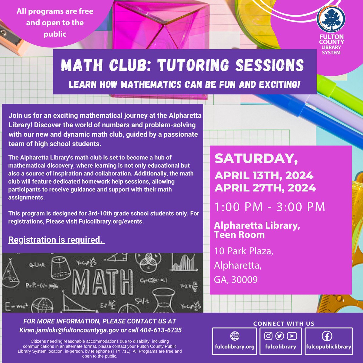 Join our math club at Alpharetta Library! Discover numbers and problem-solving with our dynamic club led by passionate high school students. Designed for students from 3rd to 10th grade.
tinyurl.com/2u9uzhxk
April 13 and April 27, 2024, from 1 pm to 3 pm. 

#math #tutoring