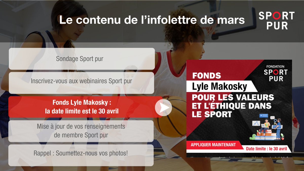 Avis à la population étudiante! La Fondation Sport pur accordera jusqu’à 3 bourses d’études de 2 000 $ par l’entremise du Fonds Lyle Makosky pour les valeurs et l’éthique dans le sport. En savoir plus, consultez l’Infolettre Sport pur : mailchi.mp/truesportpur/m…