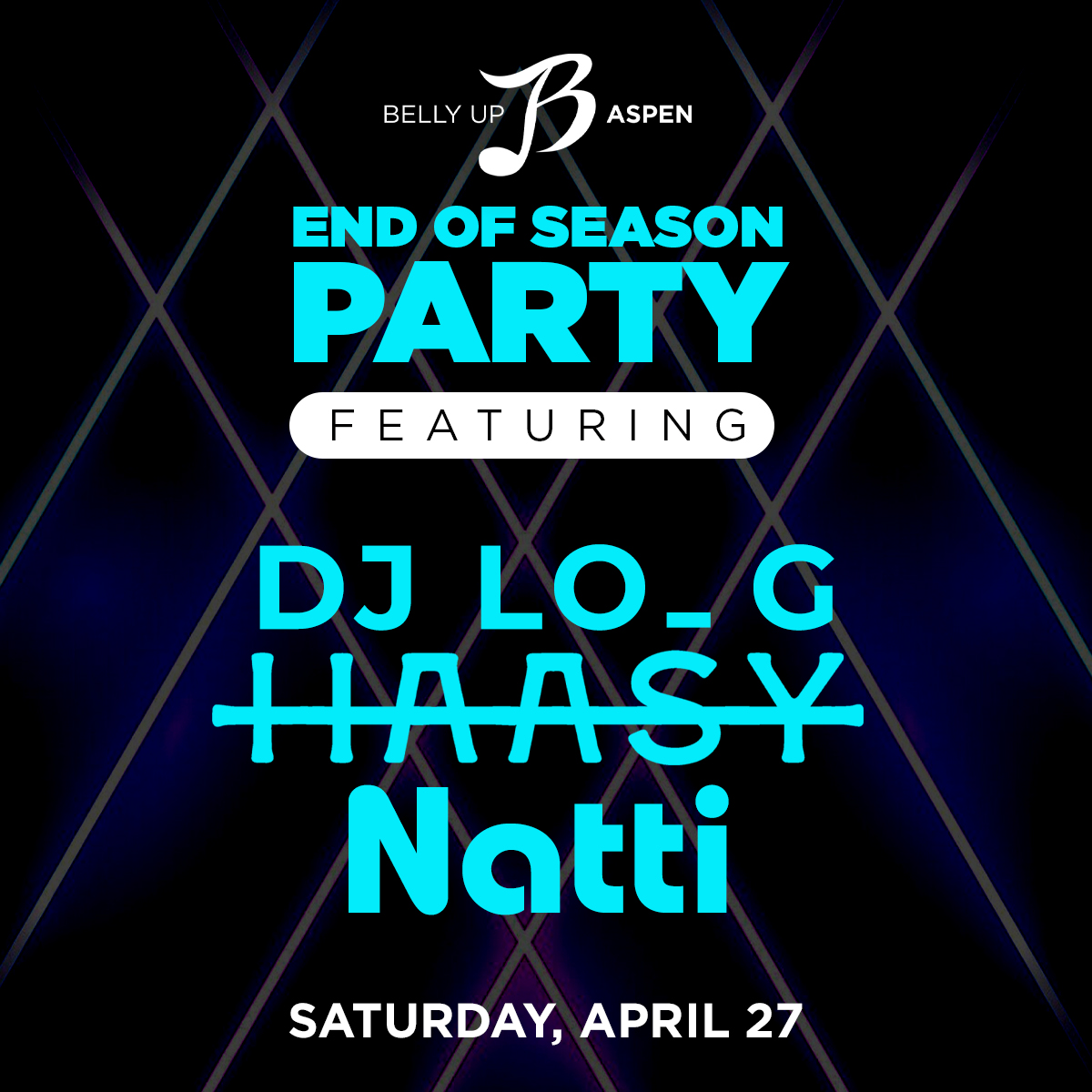 End of season party with Aspen locals DJ Lo_G, Haasy + Natti Saturday 4/27! Tickets On Sale Now: bit.ly/3U1SSp0