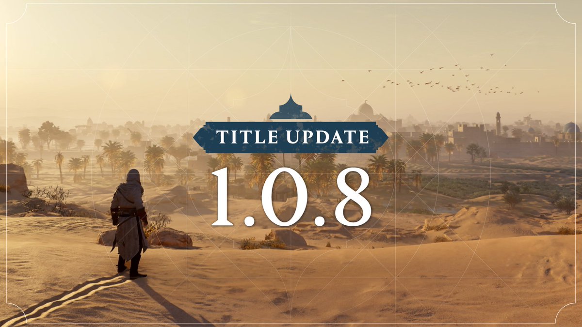 Assassin’s Creed Mirage Title Update 1.0.8 launches tomorrow, April 9th @ 12 PM UTC. ⚙️ Quest, visuals, and other fixes. 📁 Patch size 1 - 6 GB depending on platform. Full patch notes 👉 ubi.li/kKu6e #AssassinsCreed