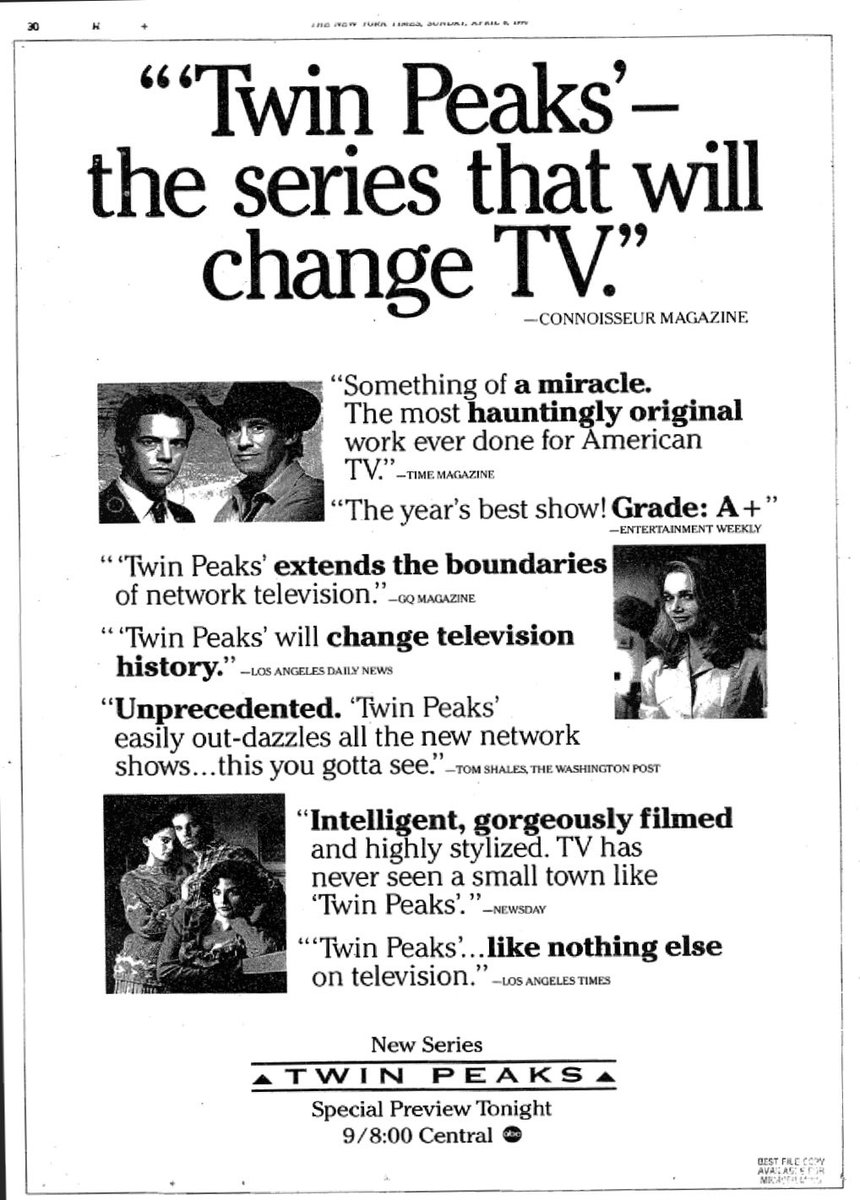 PeterAPeel's tweet photo. New York Times ad for TWIN PEAKS, 4/8/90 https://t.co/mOhgd1xWlS