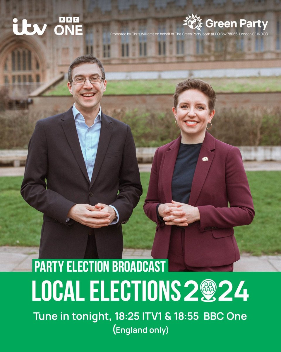 📺 Tune in for the Green Party election broadcast this evening. 🕖 6.25pm on ITV & 6.55pm on BBC1 (England only)