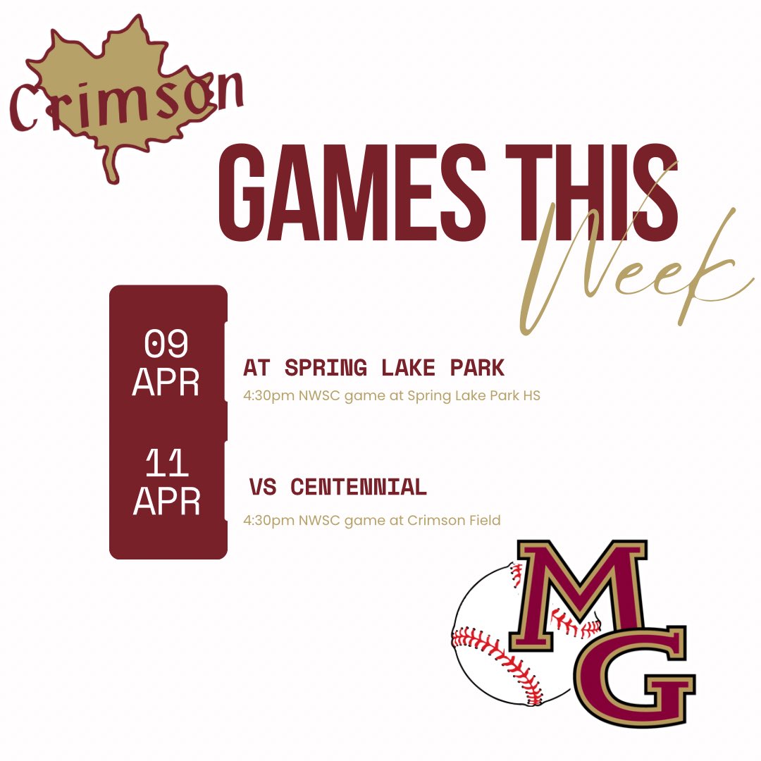 Game schedule this week for @BaseballCrimson Varsity🍁⚾️ At @SLPPantherBase TUE 4/9 Spring Lake Park HS 4:30pm Vs @1cougarbaseball THU 4/11 Crimson Field 4:30pm