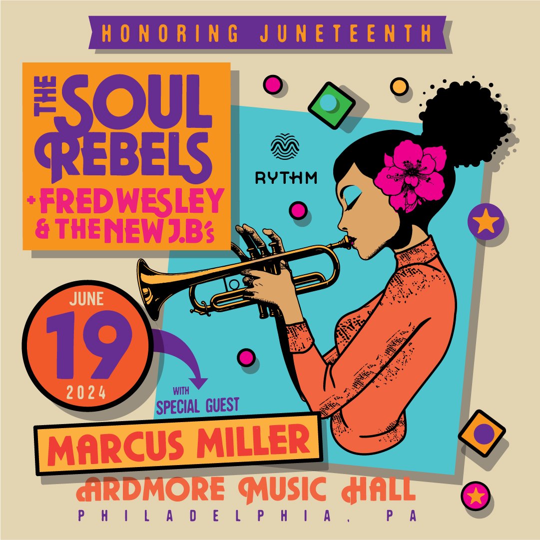 ON SALE FRIDAY 🎺🖤 Brass sensation, @SoulRebels, world-renowned trombonist and James Brown collaborator Fred Wesley & the New JBs, and bass legend @2Fmarcusmiller959 link up for one night only in Philly on Juneteenth 🎟️ bit.ly/SR_FWJB_AMH24