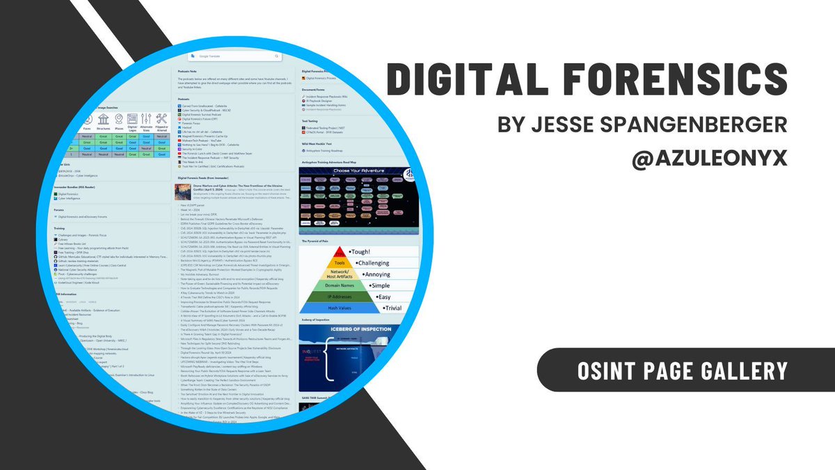 Explore Digital Forensics essentials with @AzuleOnyx: Podcasts, Forums, Training, DFIR, and Threat Hunting. Don't miss The Pyramid of Pain and WWF trail graphics! #DigitalForensics #ThreatHunting