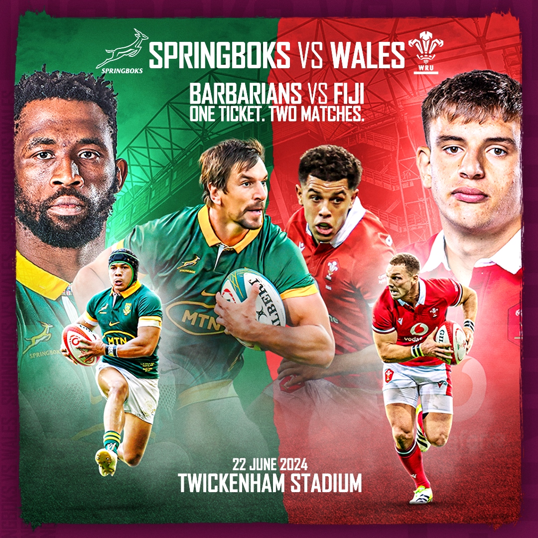 An epic doubleheader at HQ 🤩 Get ready for the @Springboks v @WelshRugbyUnion and @Barbarian_FC v @fijirugby on Saturday 22 June 🏉 One ticket. Two matches. Don't miss out 😍 Tickets & hospitality: bit.ly/49Q53uJ