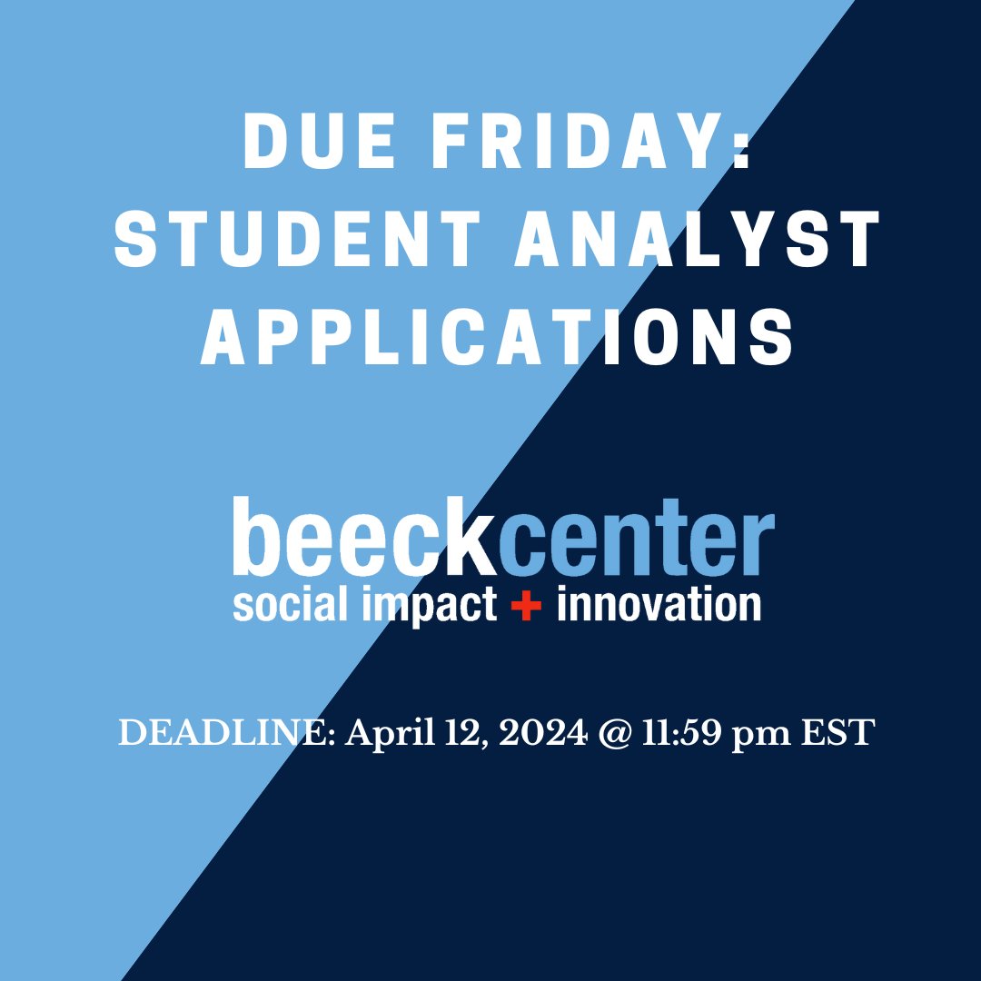Applications are due this weekend for our @georgetown Student Analyst program! Learn more and apply to one of our ten open positions by April 12 at 11:59 pm EST ⬇️ beeckcenter.georgetown.edu/jobs/student-a…