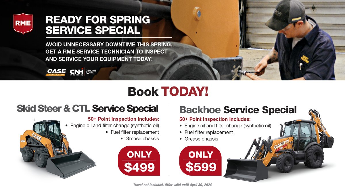 Are you ready for a spring service? Book Today! Avoid unnecessary downtime this spring and get an RME service technician to inspect and service your equipment. Skid Steer & CTL or Backhoe specials on now! rockymtn.com/promotions/ski… . . . #RME #Case #Construction #Backhoe #Skidsteer