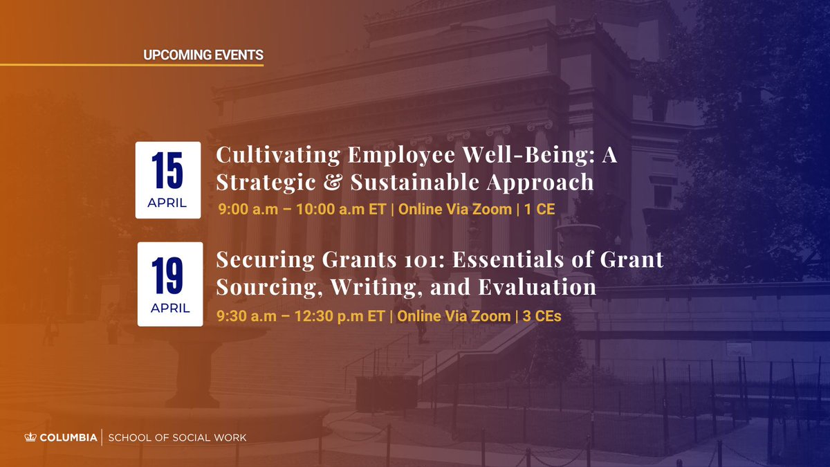 ColumbiaSSW's tweet image. Exciting upcoming workshops hosted by the #CSSW Office of Professional Excellence! Don’t miss out on these invaluable learning opportunities - head to our #linkinbio to register now.