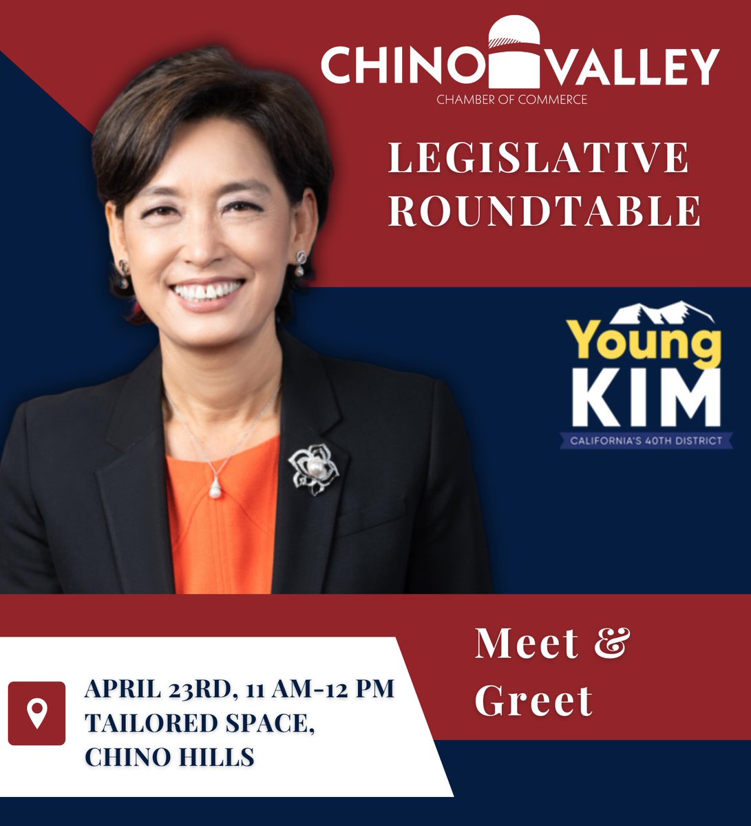 🌟 Join us for a special Meet & Greet with @repyoungkim, hosted by the Chino Valley Chamber at Tailored Space Chino Hills! 🌟 RSVP now by emailing jcabrera@chinovalleychamber.com before April 20th! #cvcc #chinovalleychamber #roundtable #legislativeaction