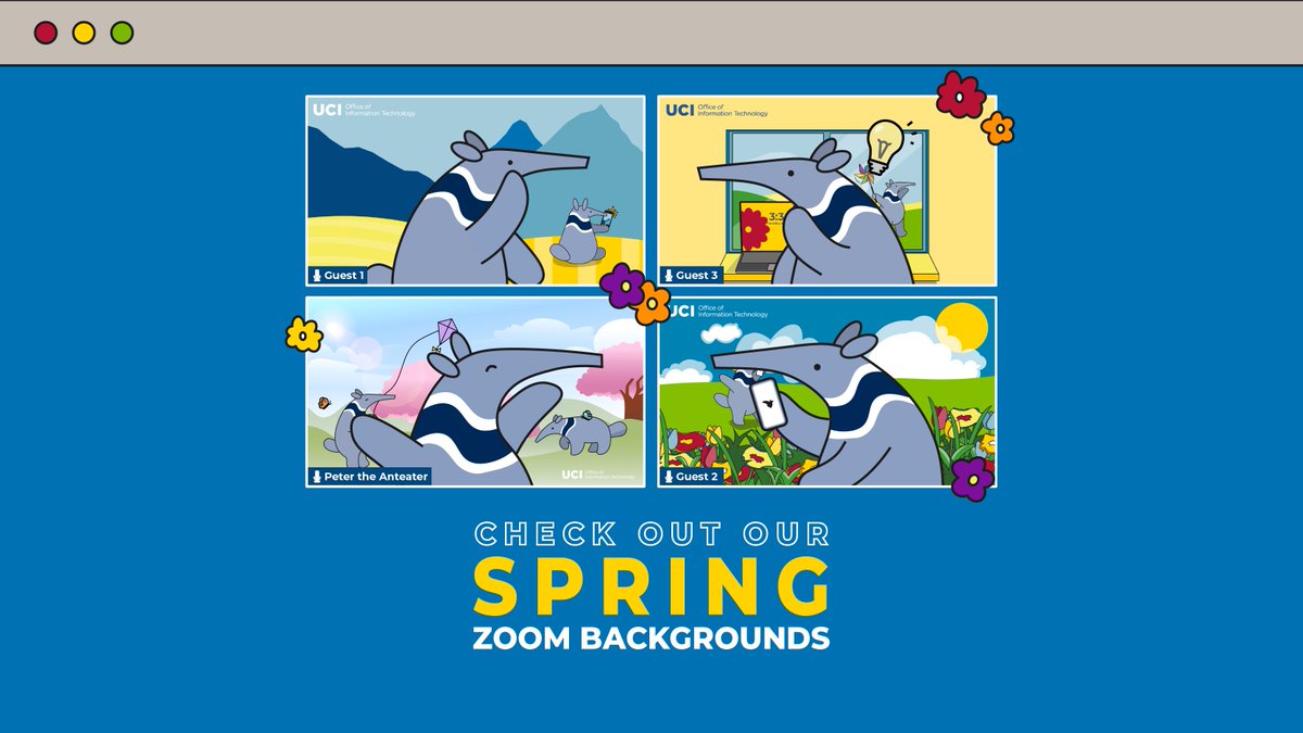 Refresh your Zoom meetings this quarter with our all-new Spring OIT Zoom backgrounds! 🌷 All of our classic and seasonal backgrounds are available for all members of the UCI community to download at oit.uci.edu/org/oit-meetin… 🌸 🐝 #ucirvine #uci #ucioit #zotzotzot #spring2024