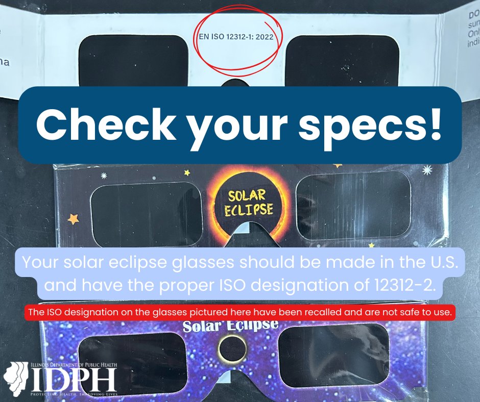 🚨‼️ Check your specs! 😎 Some solar eclipse glasses have been recalled by retailers. Check yours to ensure that they are made in the U.S. and have the proper ISO designation of 12312-2. Read more: nbcchicago.com/news/local/som…