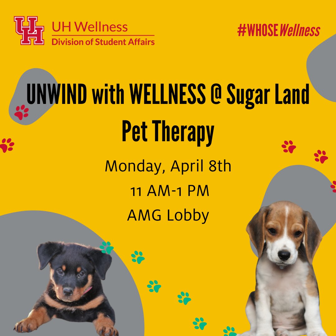 Hey UH Coogs...get your tails over here and unwind with us! UH Wellness (@WellnessUH) is hosting a Pet Therapy event TODAY, now until 1 pm. Come stop by! 🐾🐶😊