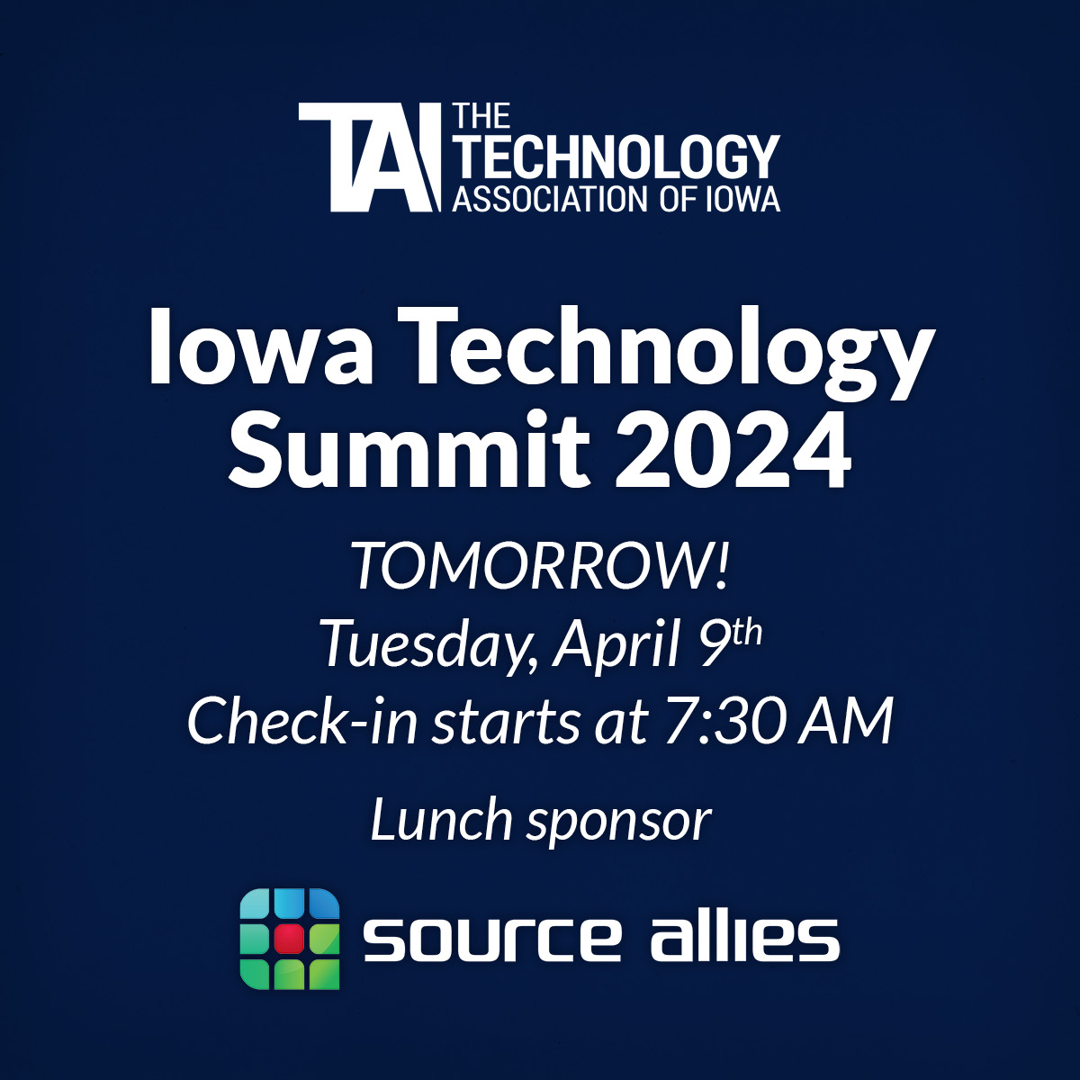 SourceAllies's tweet image. #IowaTechnologySummit2024 is TOMORROW! We start the morning with our teammate Carter as a panelist on the &apos;Strategies for Students&apos; track, and then talk to all the attendees as the lunch sponsor this year.  See you there!  #TAI #UniteIowaTech
