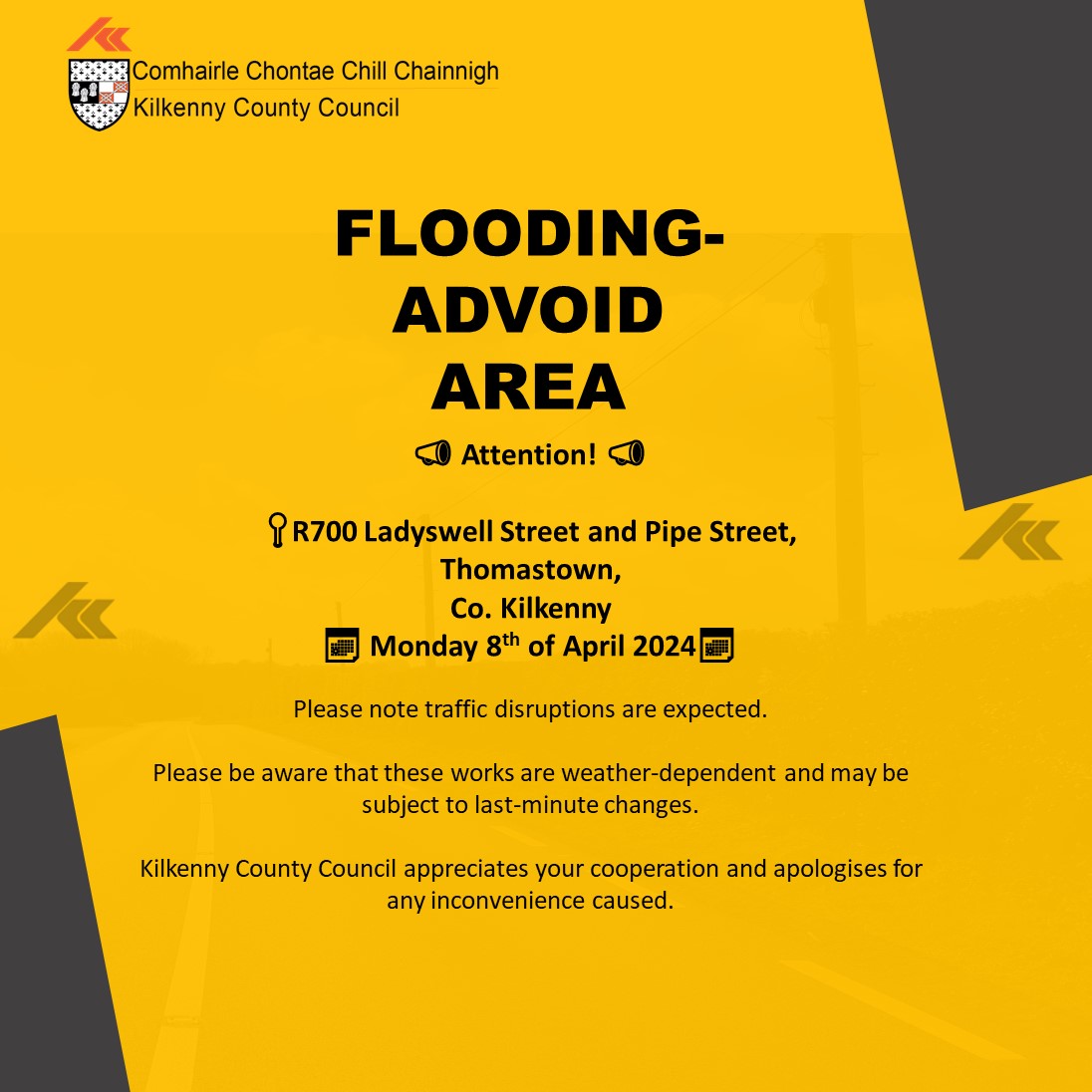 Kilkenny County Council wish to advise that R700 Ladyswell Street and Pipe Street, as well as L8203 Marshes Street, Thomastown, Co. Kilkenny, are experiencing major flooding, emergency services are on hand and all traffic should AVOID Thomastown until flood levels recede.