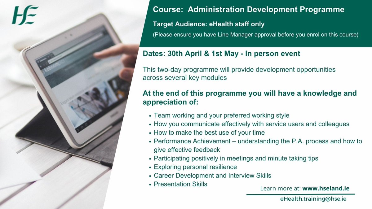 📢eHealth Staff only: Administration Development Programme is taking place on the 30th April & 1st May 2024. Enrol by closing date: 22nd April 2024 Spaces are limited so don't miss out! #eHealth4all @jcwemyss @HSE_HSeLanD