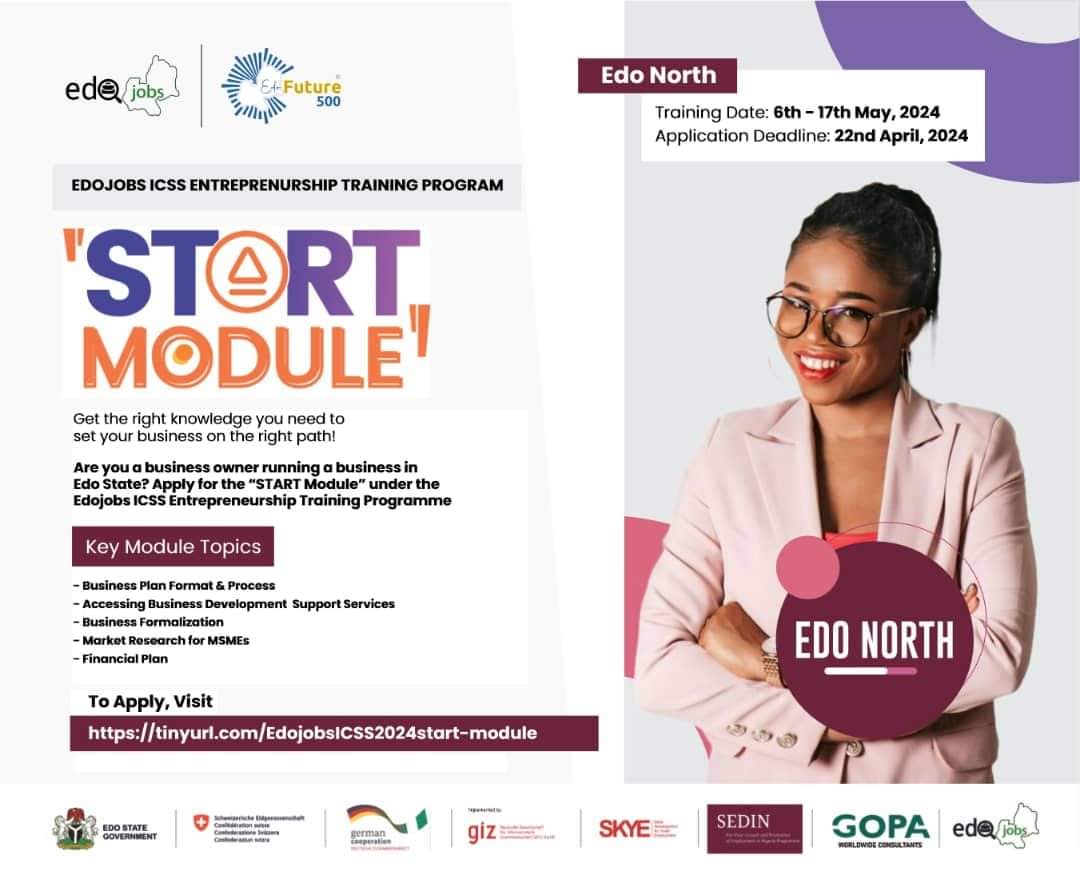 Are you a business owner in Edo state looking to turn your new or existing business into a project venture? If yes, this EDOJOBS ENTREPRENEURSHIP START MODULE is for you! See flier for details and Apply with the link below👇 tinyurl.com/EdojobsICSS202…