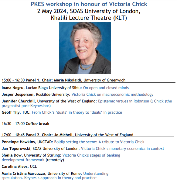 A workshop in honour of Victoria Chick SOAS, University of London, 02 May Speakers include @cacrisalves, @jenchurchill79, Sheila Dow, Penelope Hawkins, Maria Cristina Marcuzzo, Ioana Negru, @geofftily and Jan Toporowski postkeynesian.net/event/02052024…