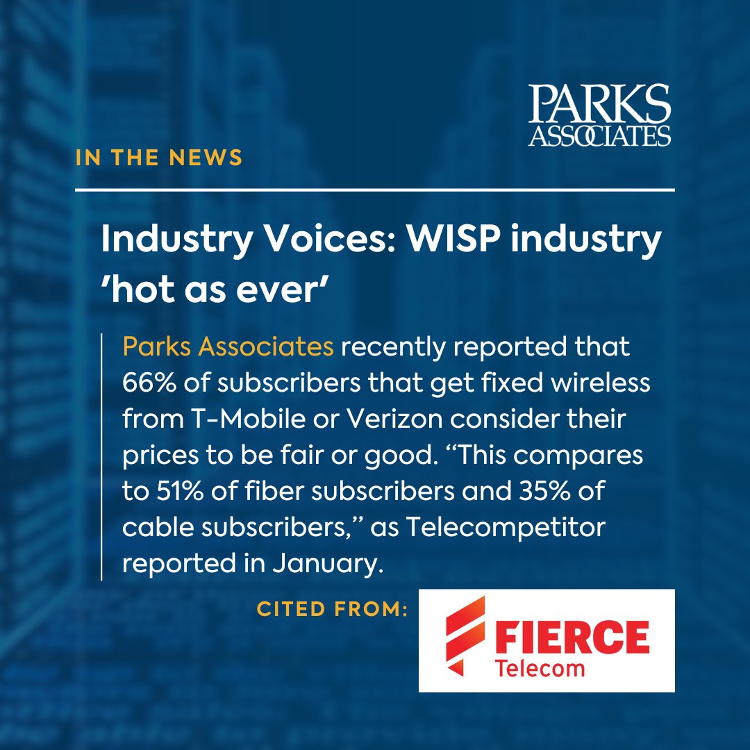 📢 We were cited in a @FierceWireless article about WISPs gaining momentum and ramping up fiber deployments by @wave7jeff! 🚀📶 🔗Read more: tinyurl.com/mpe8rhx2 #parksdata #ParksAssociates #ParksAssociatesInsights #WISPs #FiberDeployments #TechTrends