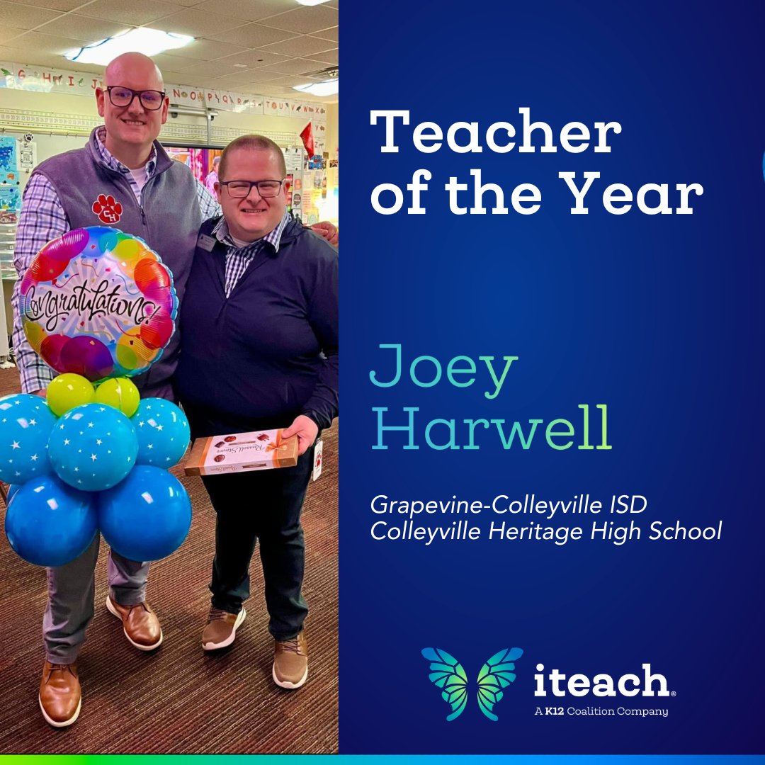 Join me in congratulating @mrjoeyharwell, 9th-12th grade Special Education Teacher in @gcisd for winning Teacher of The Year for Colleyville Heritage High School! If you are ready to make a difference like Joey, head to iteach.net to get started! ✏️