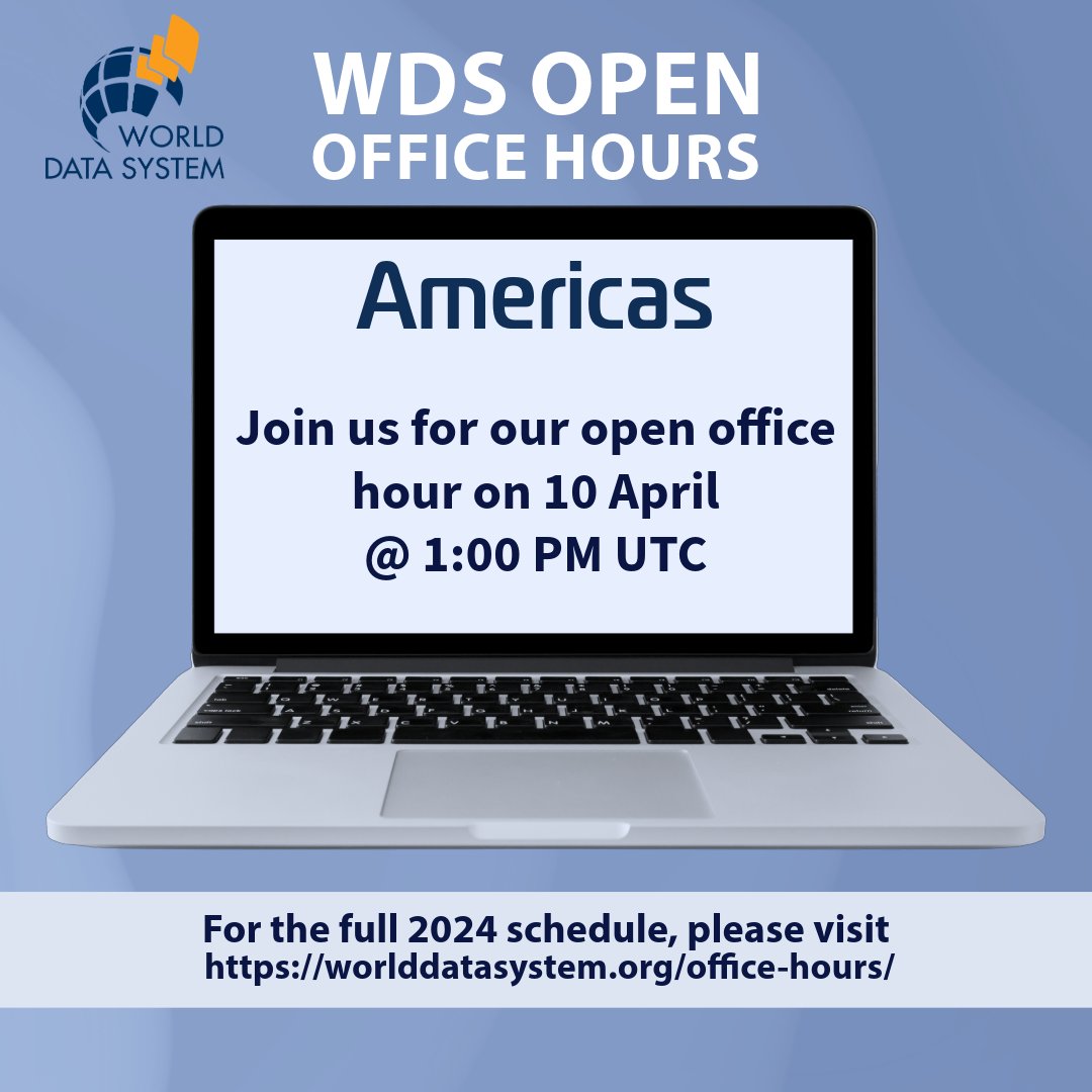WDS Open Office Hour this Wednesday: Questions about the SC voting process? Want to propose a webinar topic? Log on and connect with us! We are excited about our upcoming office hours for your region. For the complete schedule and meeting links, visit worlddatasystem.org/office-hours/.