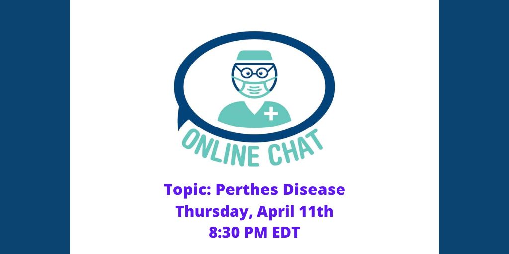 Have a question about #Perthes or #AVN? Join us on Thursday, April 11th at 8:30 PM EDT for a free online chat session! See tinyurl.com/ICLLChat for details. #ICLL #ICLLChat #PerthesDisease #AvascularNecrosis #hip #orthopedics #PediatricOrthopedics #DrShawnStandard