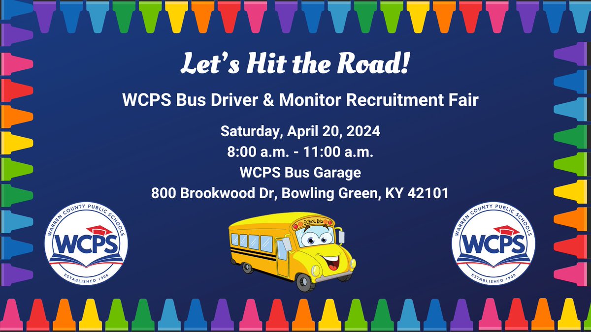 WCPS' Bus Driver and Monitor Job Recruitment Fair will be on Saturday, April 20, 2024 from 8:00 - 11:00 a.m.! Bus Driver Benefits include a sign-on bonus (no experience - $500.00 after 90 working days accident-free, CDL - $2,500.00 after 90 days working days accident-free) (1/2)