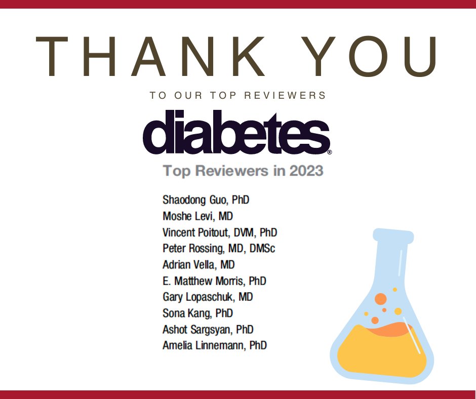 🌟 A big shoutout to all our dedicated reviewers for Diabetes! Your invaluable reviews contribute to making Diabetes (@Diabetes_ADA) the top-ranked journal in basic research. Special thanks to our outstanding top reviewers of 2023! 🙌 ➡️doi.org/10.2337/db24-e… David A.…