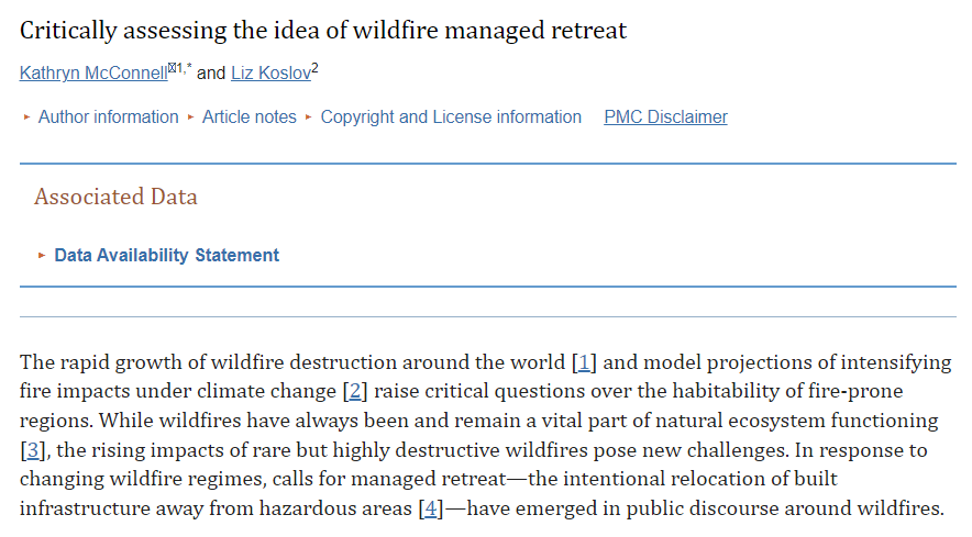 Important work by @uclaurbnplnning @UCLAIoES @LuskinCenter-affiliated colleague @LizKoslov and co-author just released on 'Critically assessing the idea of wildfire managed retreat' in @IOPenvironment's Environmental Research Letters