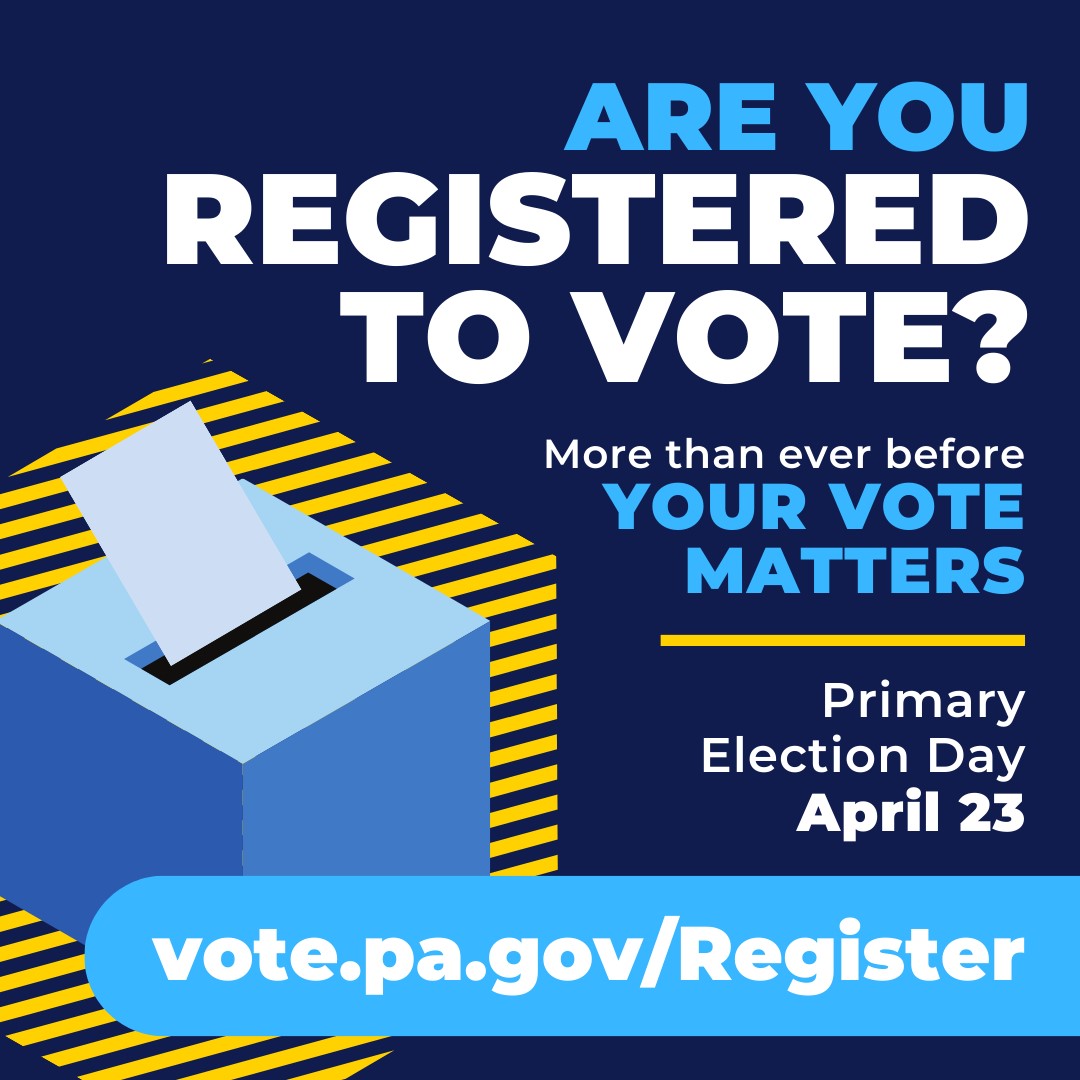 Today is the last day to register to vote in the April 23rd primary.

Please click pavoterservices.pa.gov/Pages/VoterReg… to sign up and ensure your voice is heard at the ballot box!

#Justvote