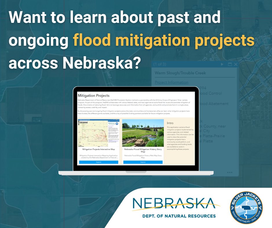 NeDNR in partnership with the Nebraska Silver Jackets have produced a Mitigation Project Interactive Map to show past and ongoing flood mitigation activities across Nebraska. You can explore the map and learn about the initiative here: floods.nebraska.gov/pages/mitigati…. #mitigationmonday