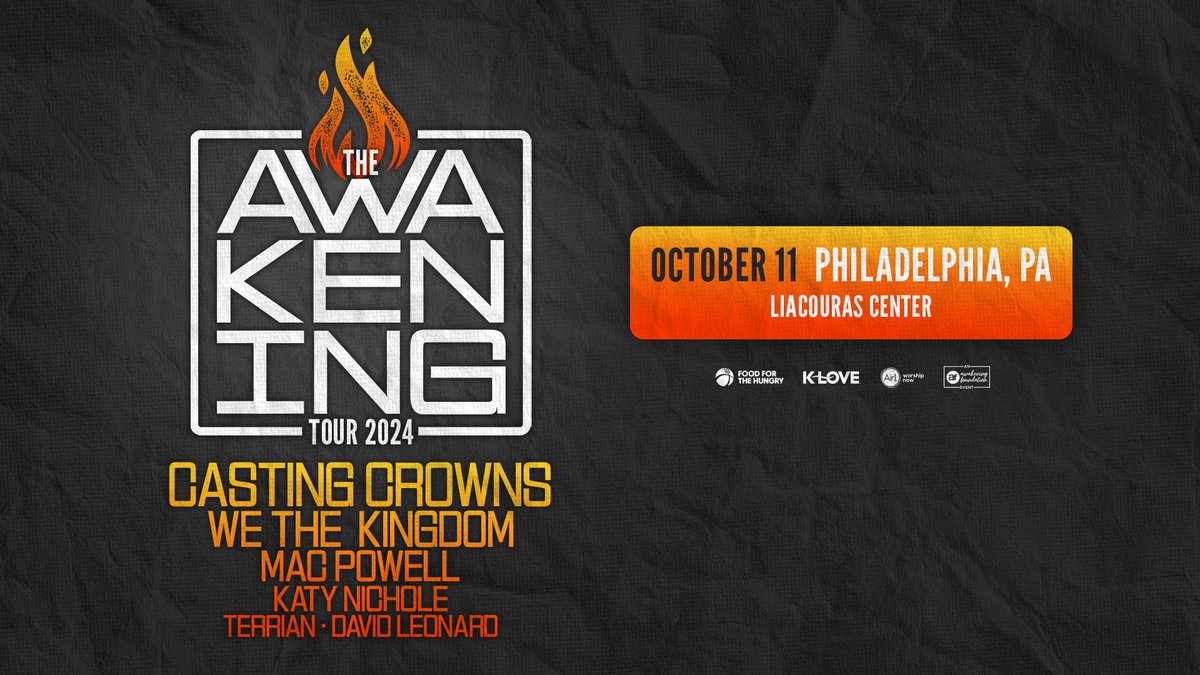 JUST ANNOUNCED: Get ready to ignite your soul at #TheAwakeningTour this fall! 🔥 Join us as we welcome Casting Crowns, We The Kingdom, Mac Powell, Katy Nichole, Terrian, and David Leonard to the The Liacouras Center on October 11th. 🎟️ Tickets go on sale April 15th at noon.